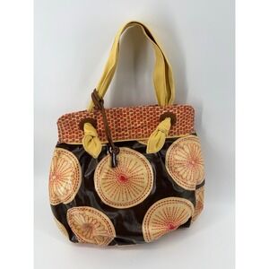 Fossil Key-Per Coated Print Handbag, Yellow Tie Handles, Signature Hanging Key